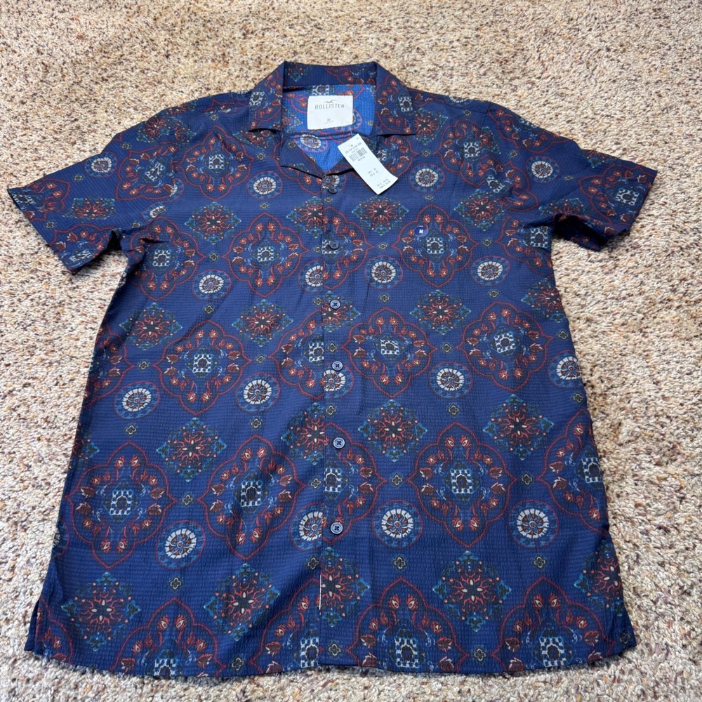 Hollister Mens Short Sleeve Button Down Shirt‎ Navy Blue Medallion Print Medium